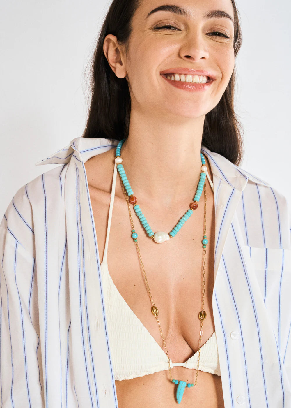 NALÍ - COLLANA PERLINE TURCHESI+PERLE NATUR BIANCO