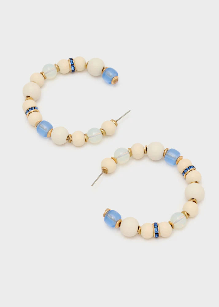 Nali - Orecchini semicerchio legno e pietre bianco blu
