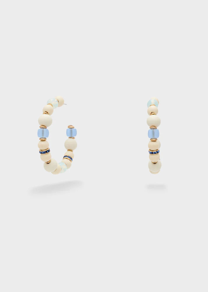 Nali - Orecchini semicerchio legno e pietre bianco blu