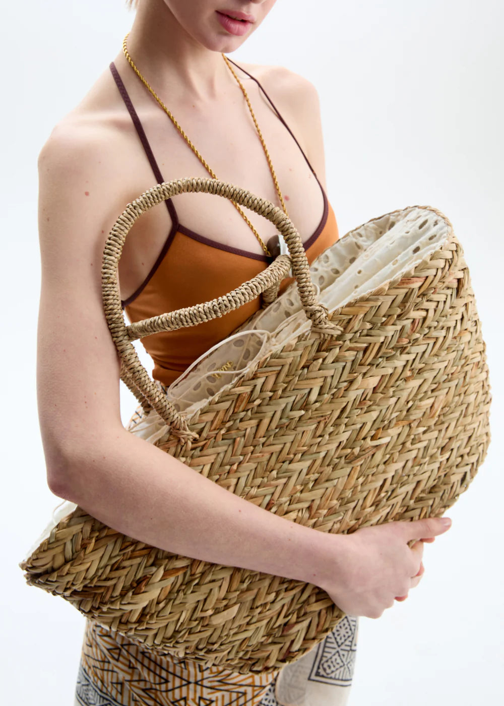 Nali -  Borsa Santorini con pizzo San Gallo paglia